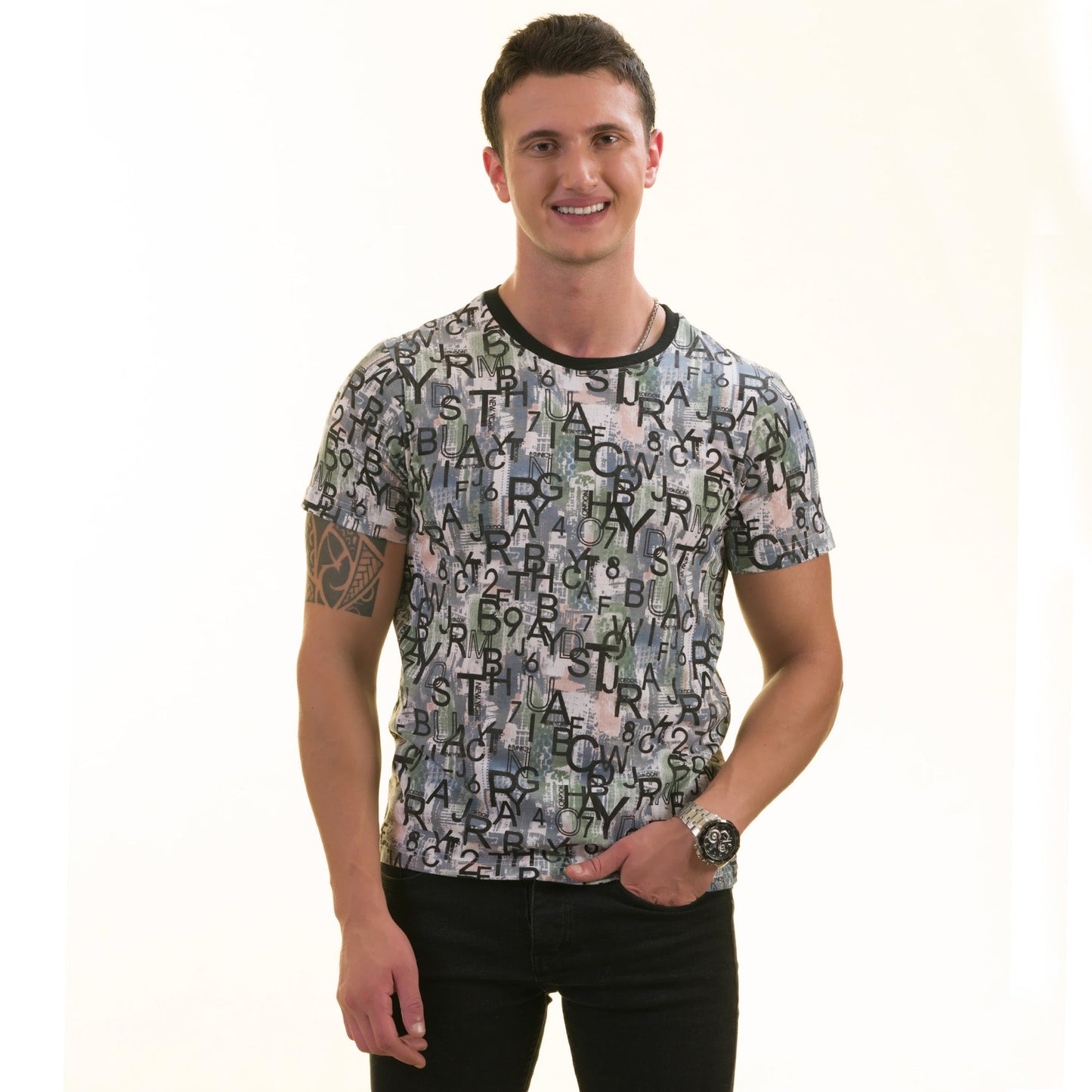 Gray Khaki Printed European Made Premium Quality T-Shirt - Crew Neck