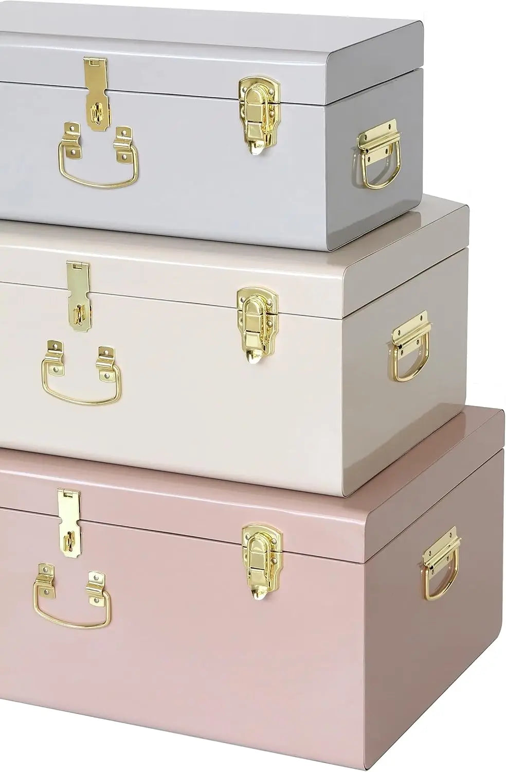 Decorative Box Set of 3 Metal Trunks Chest with Safety Lock Clasp for Treasure Organization and Home Dorm Decor,