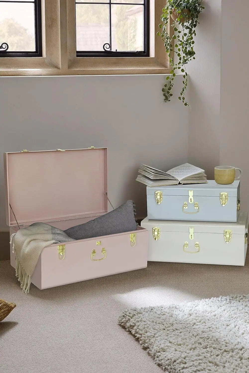 Decorative Box Set of 3 Metal Trunks Chest with Safety Lock Clasp for Treasure Organization and Home Dorm Decor,
