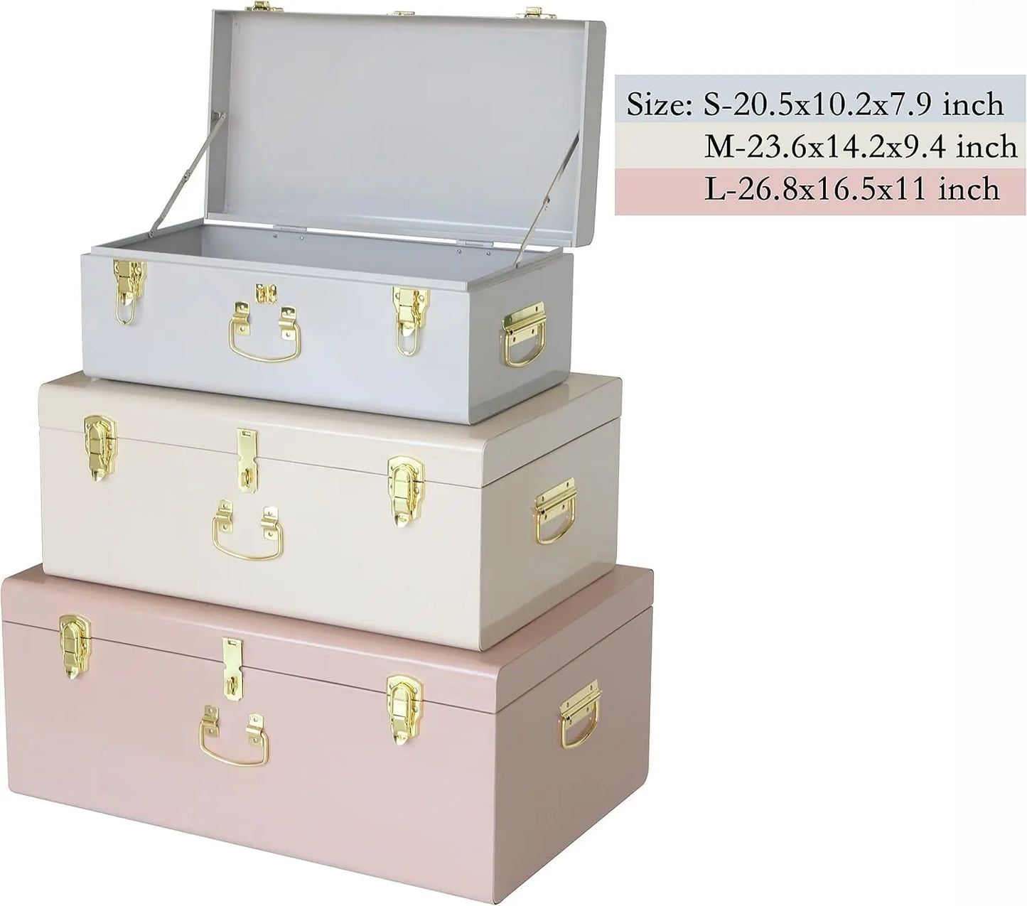 Decorative Box Set of 3 Metal Trunks Chest with Safety Lock Clasp for Treasure Organization and Home Dorm Decor,