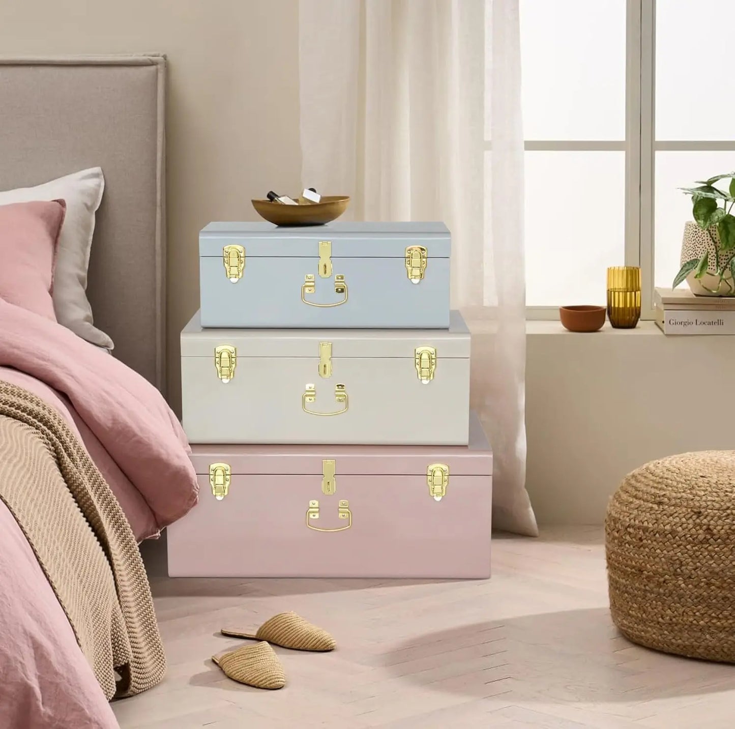 Decorative Box Set of 3 Metal Trunks Chest with Safety Lock Clasp for Treasure Organization and Home Dorm Decor,