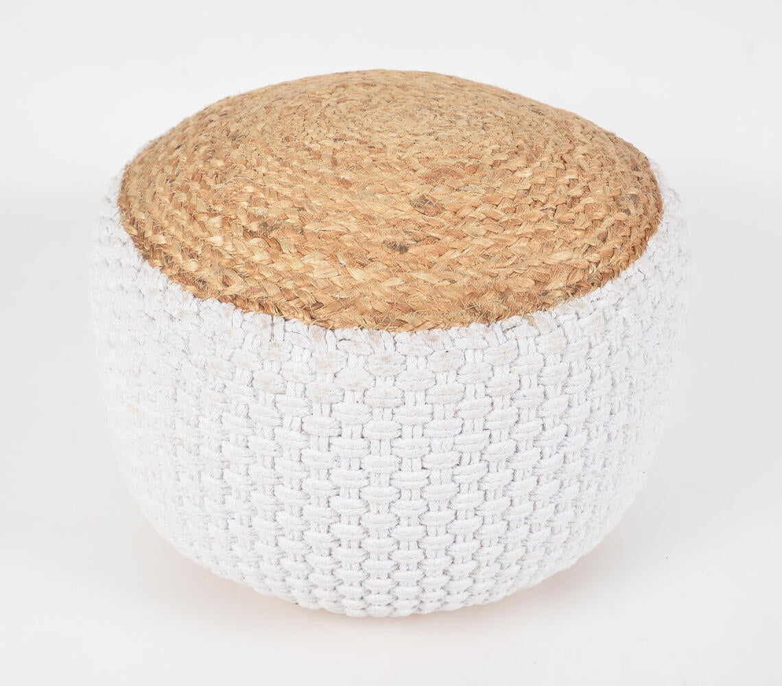 Hand Braided Jute & Daisy White Cotton Pouf