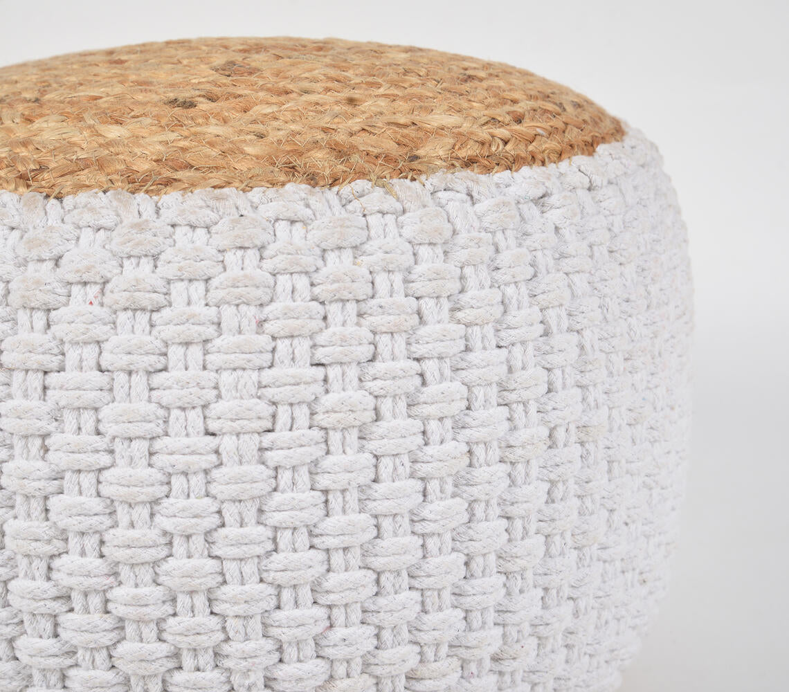 Hand Braided Jute & Daisy White Cotton Pouf