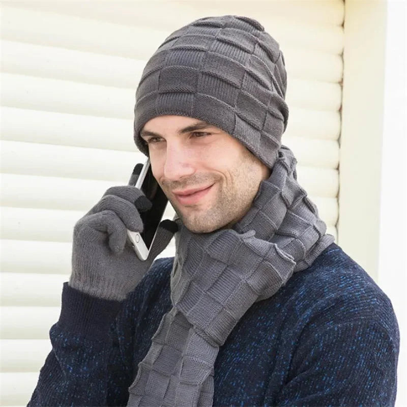 Men Knitted Long Scarf Hat Gloves 3 Piece