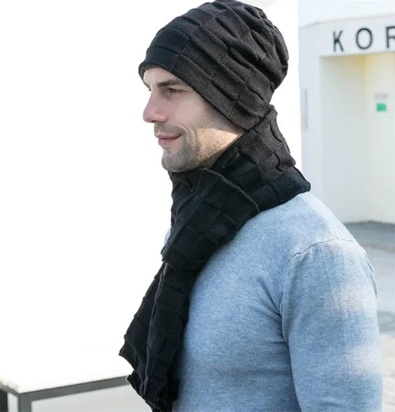 Men Knitted Long Scarf Hat Gloves 3 Piece