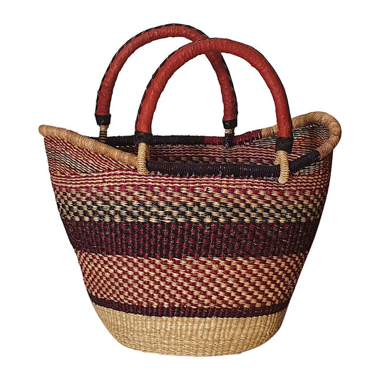 Colorful Nyariga Bolga Basket with Red Leather Handles