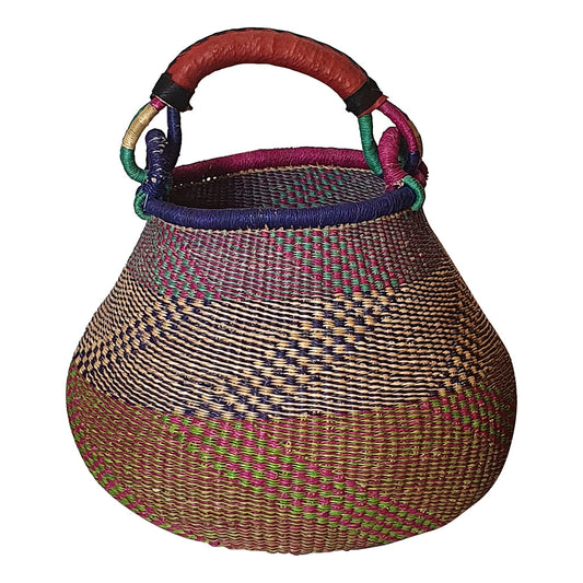 Colorful Round Bolga Basket with Red Lather Handle from Ghana