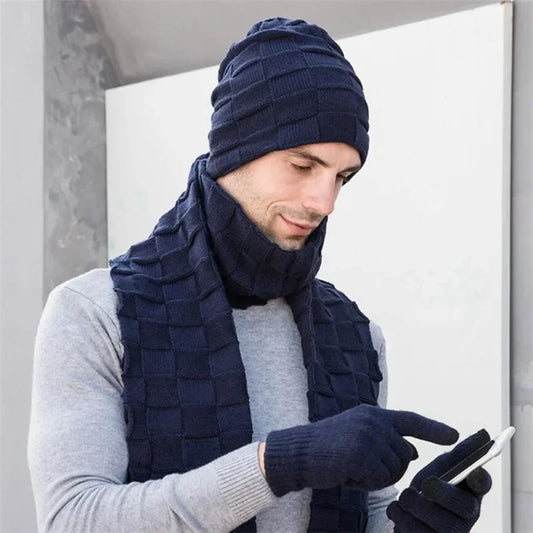 Men Knitted Long Scarf Hat Gloves 3 Piece