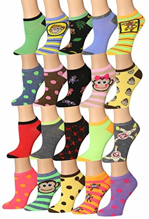 Tipi Toe Women's 20 Pairs Colorful Patterned Low Cut/No Show Socks