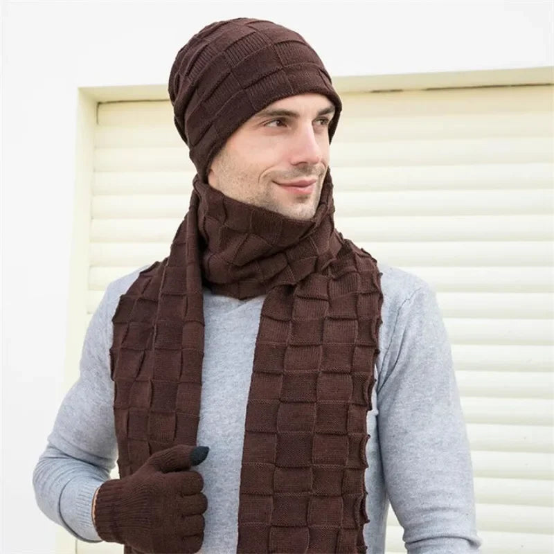 Men Knitted Long Scarf Hat Gloves 3 Piece