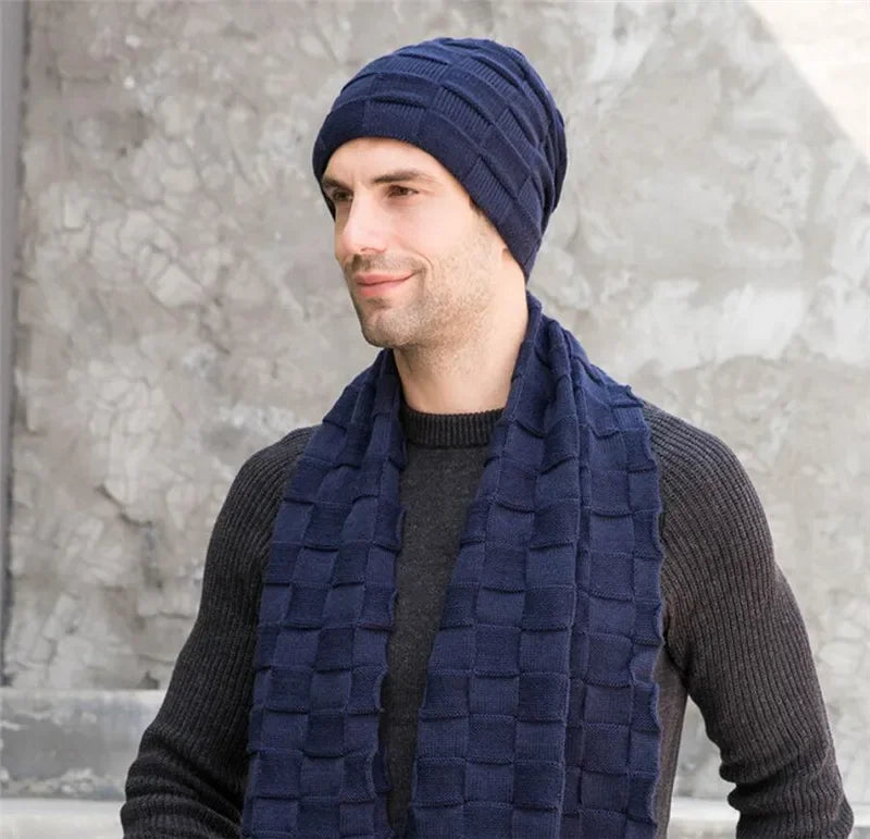 Men Knitted Long Scarf Hat Gloves 3 Piece