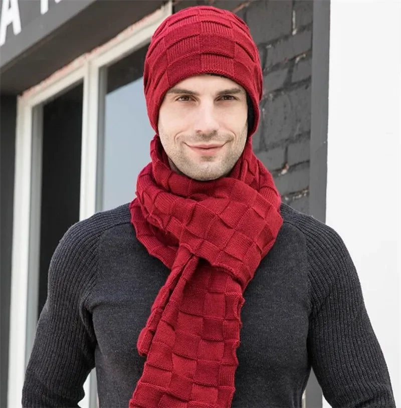 Men Knitted Long Scarf Hat Gloves 3 Piece