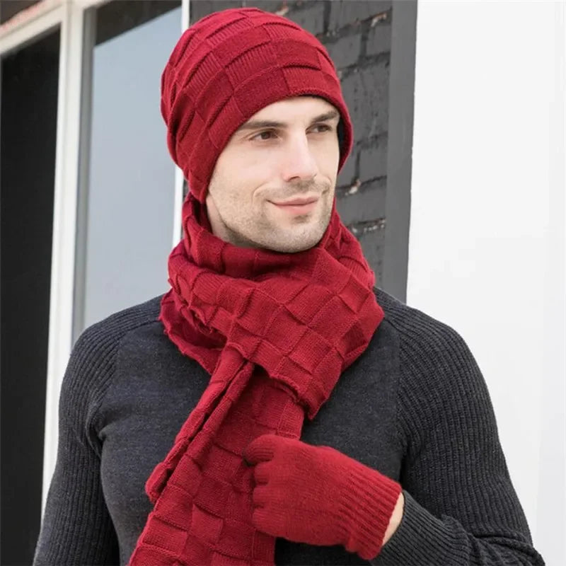 Men Knitted Long Scarf Hat Gloves 3 Piece