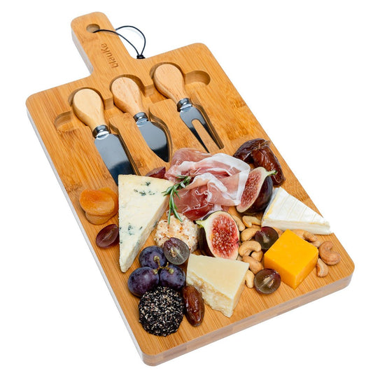 Bamboo Cheese Board and Knife Set - 12x8 inch Charcuterie Board with