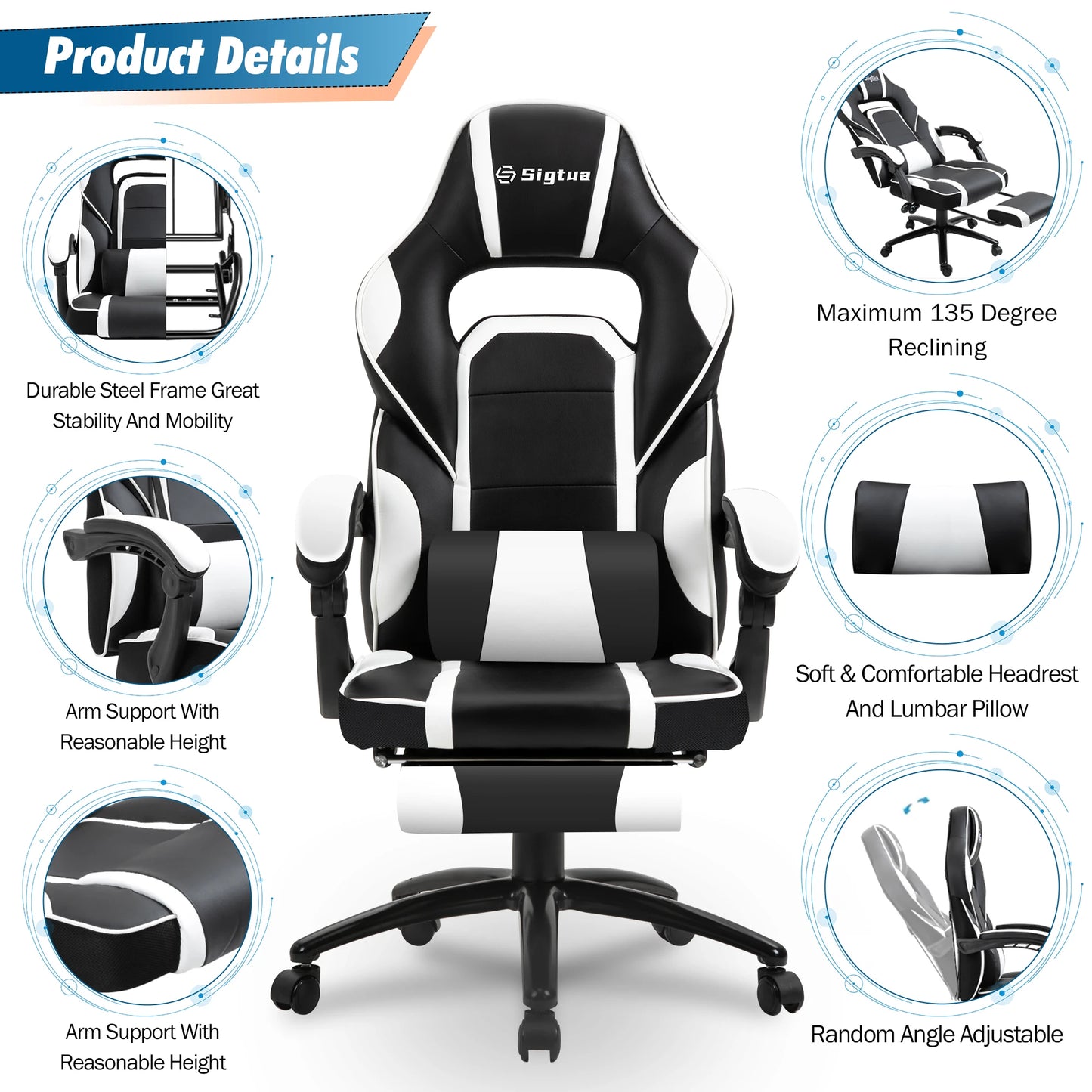 Sigtua Gaming Chair Ergonomic Adjustable Armrests and Seat Headrest,Lumbar Support Adjustable Swivel Office Computer Chair