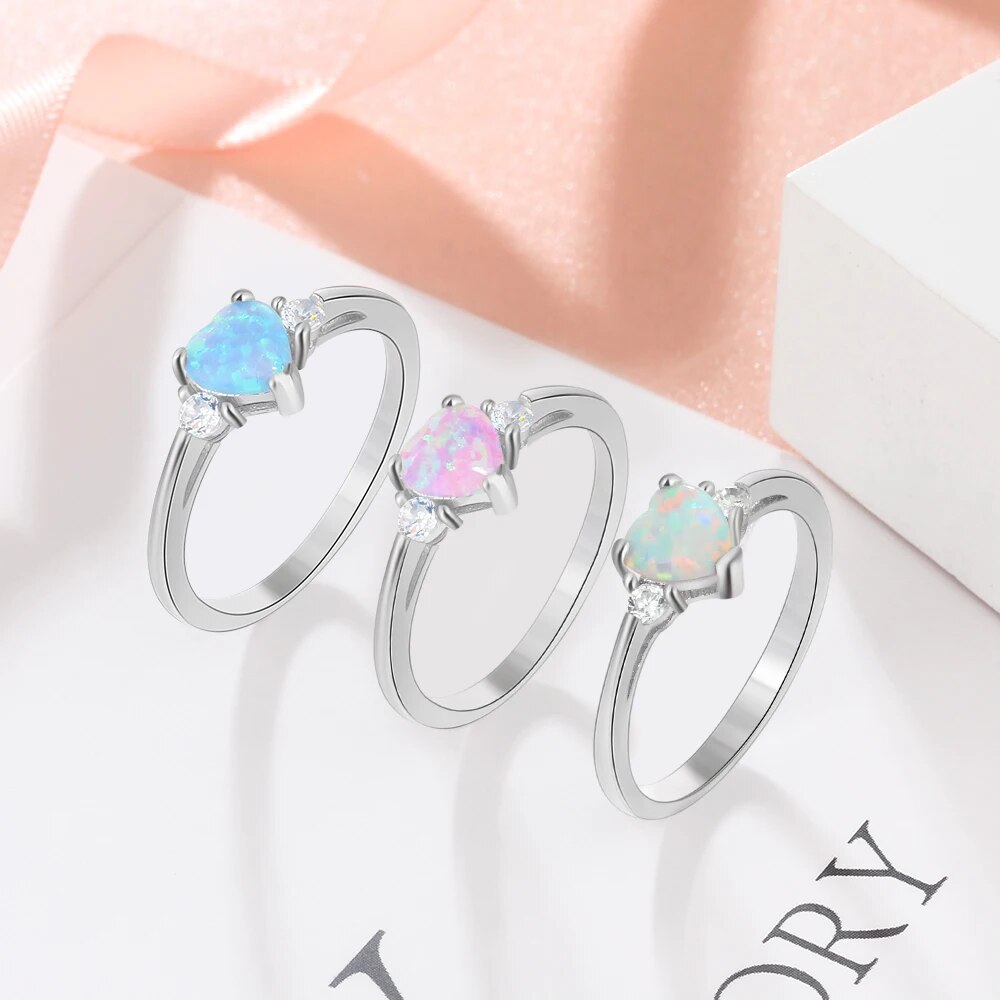 Romantic Silver Color Heart Ring Created Pink Blue White Fire Opal & CZ Wedding Rings for Women ( JewelOra RI103690)