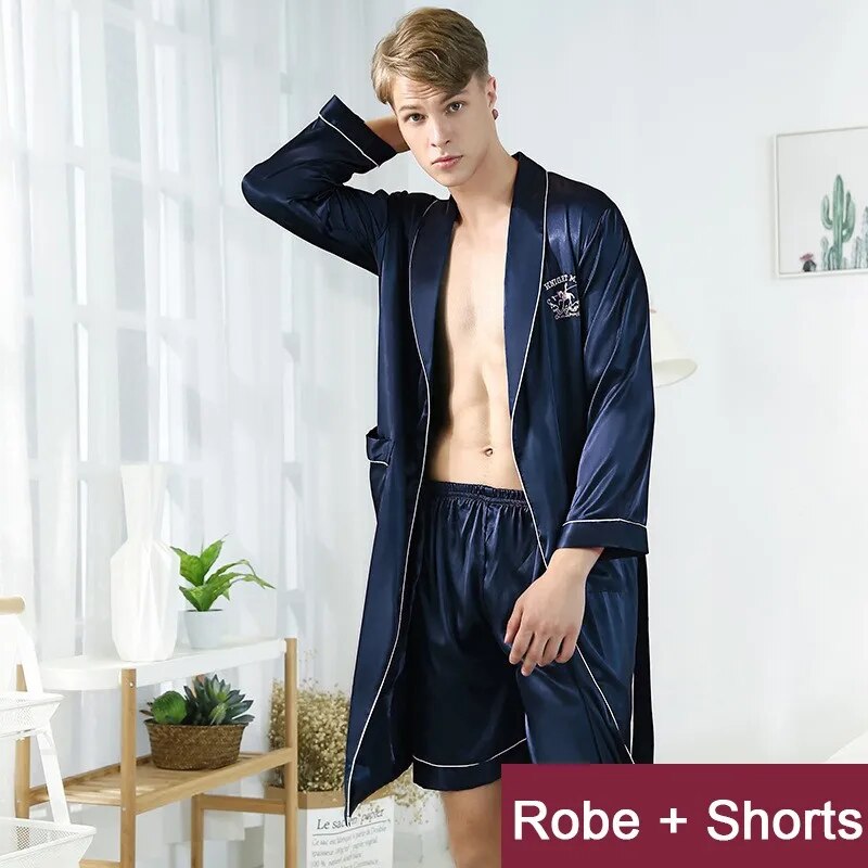 Men Robe Set Satin Loose Kimono Bathrobe Gown Sexy Long Sleeve Autumn Sleepwear Nightgown Bridegroom Wedding Intimate Lingerie