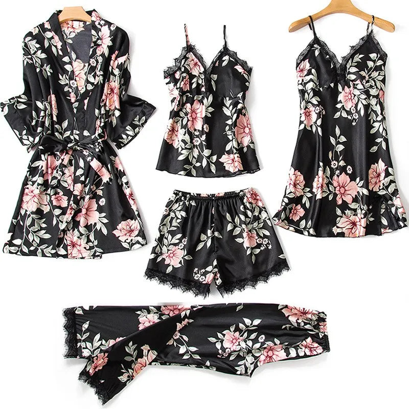 Sexy Lady Women Satin Short Kimono Robe Pajamas Bathrobe Print Floral Sleepwear Soft Wedding Bride Bridesmaid Homewear