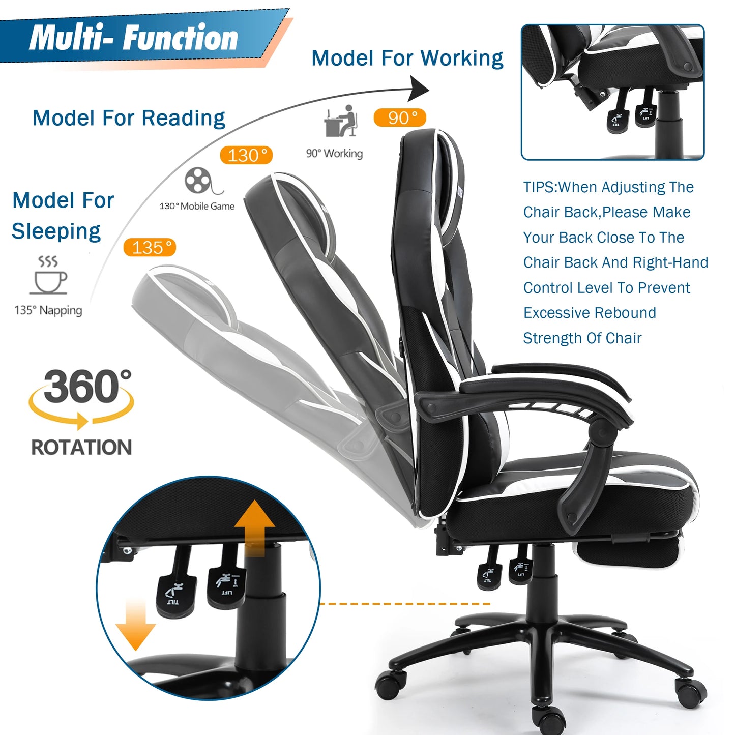 Sigtua Gaming Chair Ergonomic Adjustable Armrests and Seat Headrest,Lumbar Support Adjustable Swivel Office Computer Chair