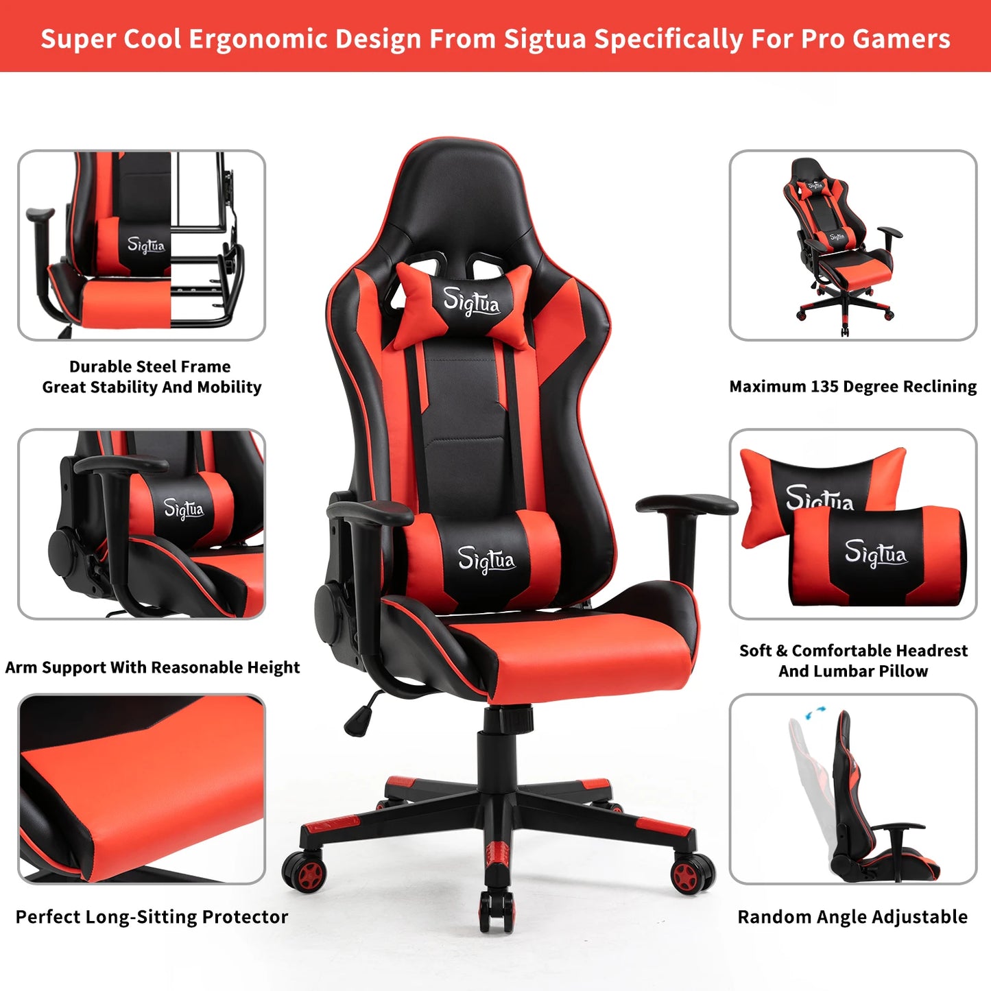 Sigtua WCG Gaming Chair Ergonomic Racing Office Computer Game Chair Adjustable Swivel Seat with Headrest and Lumbar Pillow