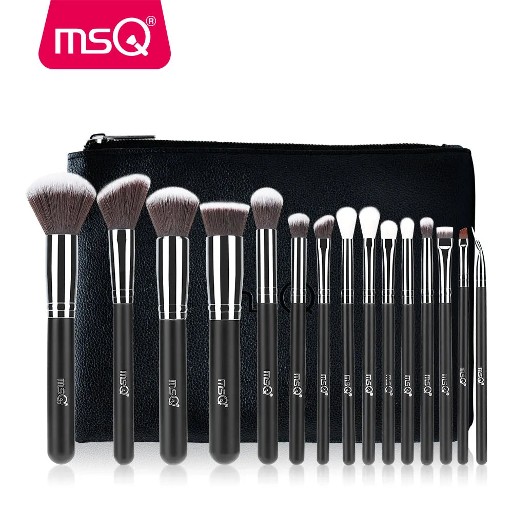 MSQ Professional 15pcs Makeup Brushes Set Powder Foundation Eyeshadow Make Up Brush Kit Cosmetics Synthetic Hair PU Leather Case