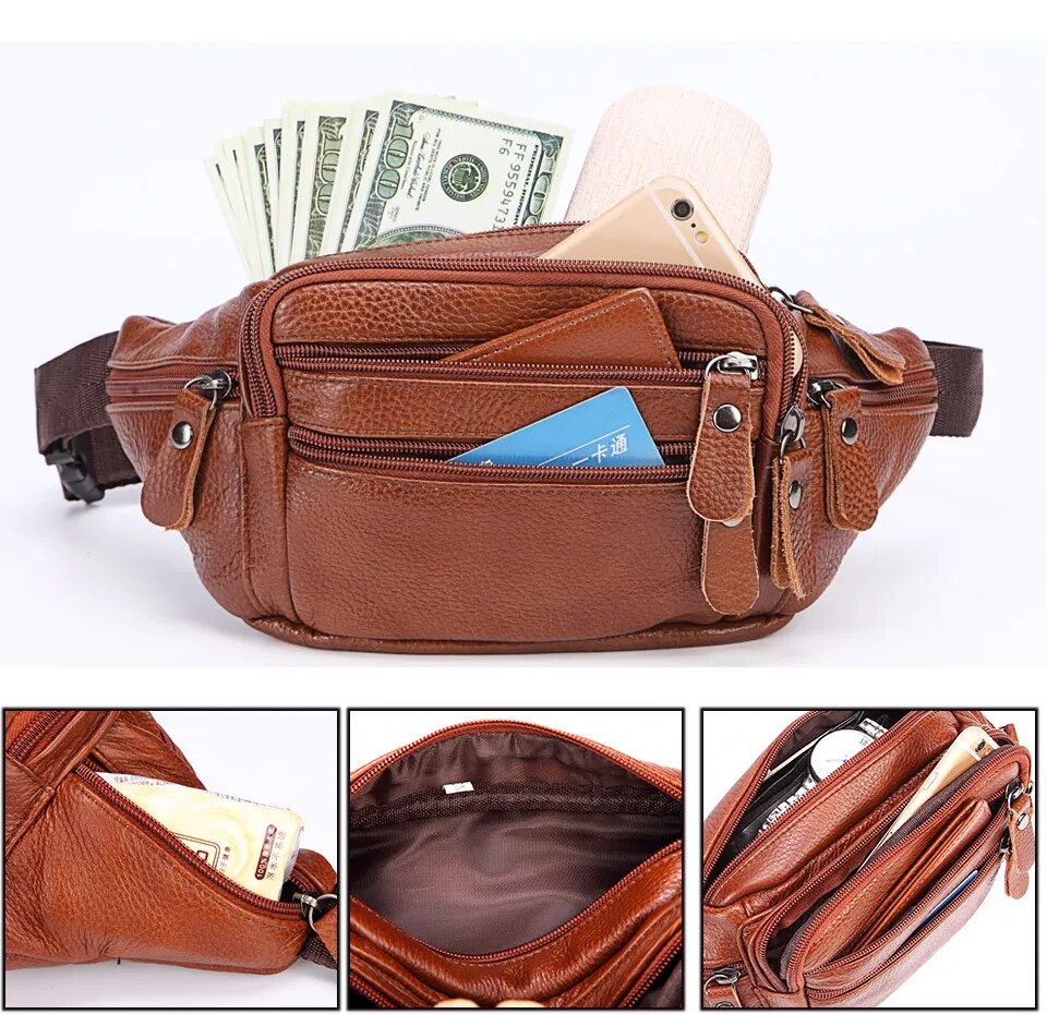 Fashion Men Genuine Leather Fanny Bag for Phone Pouch Male Leather Messenger Bags Brand Fanny Pack Male Travel Waist Bag Men