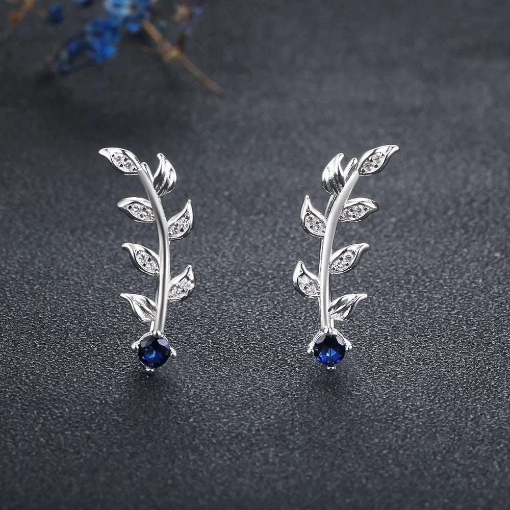 Royal Blue Ear Climber Earrings Zirconia Leaves Branch 925 Sterling Silver Stud Earrings for Women Wedding Jewelry(Lam Hub Fong)