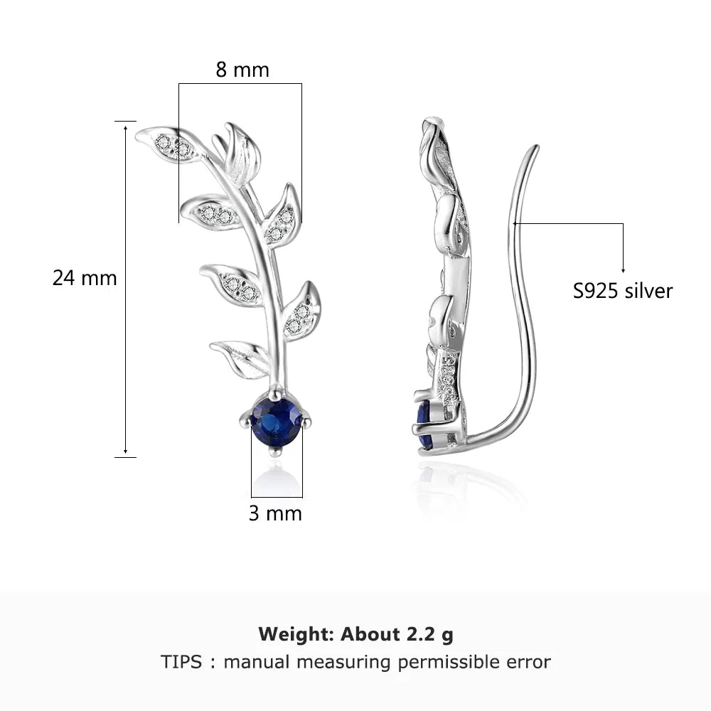 Royal Blue Ear Climber Earrings Zirconia Leaves Branch 925 Sterling Silver Stud Earrings for Women Wedding Jewelry(Lam Hub Fong)