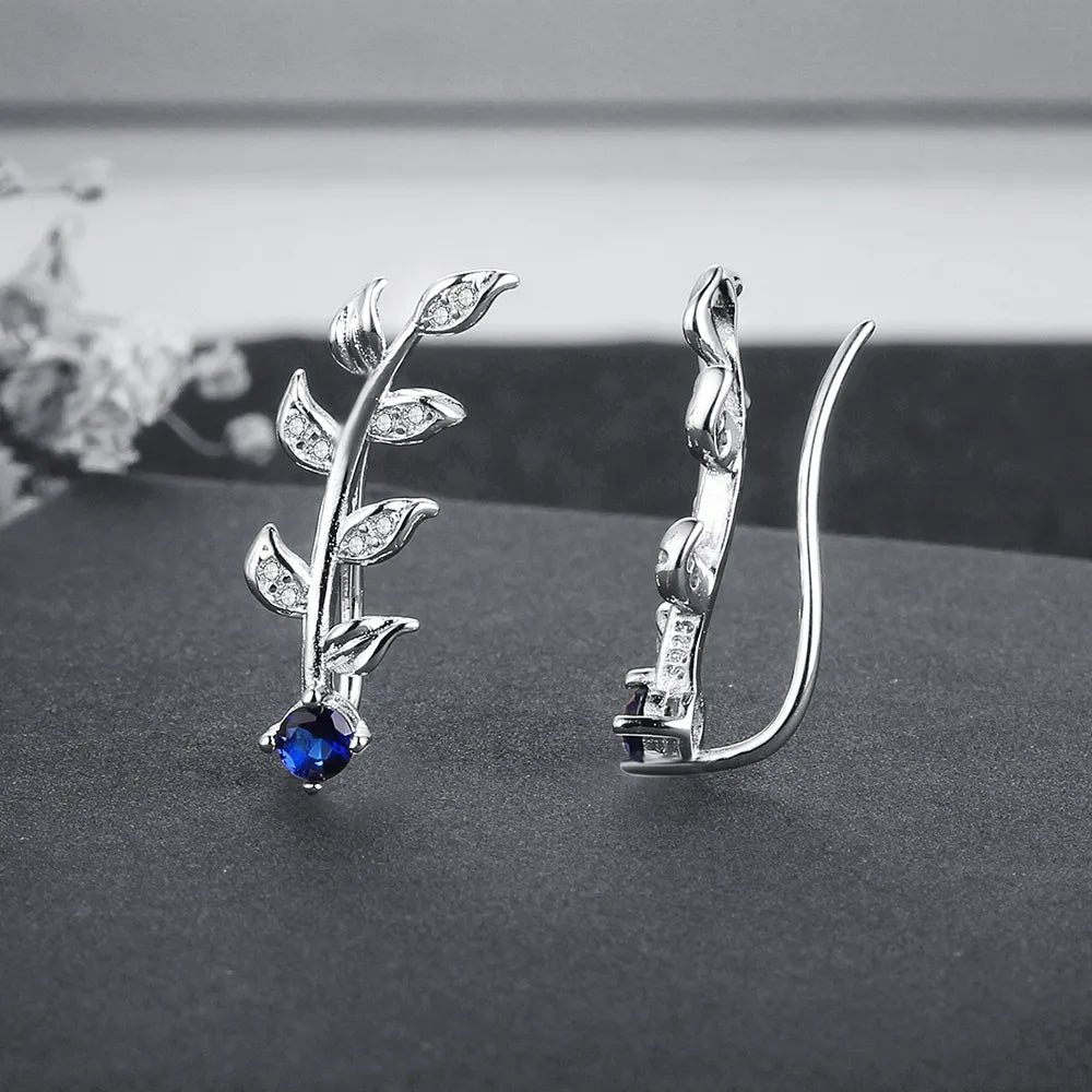 Royal Blue Ear Climber Earrings Zirconia Leaves Branch 925 Sterling Silver Stud Earrings for Women Wedding Jewelry(Lam Hub Fong)