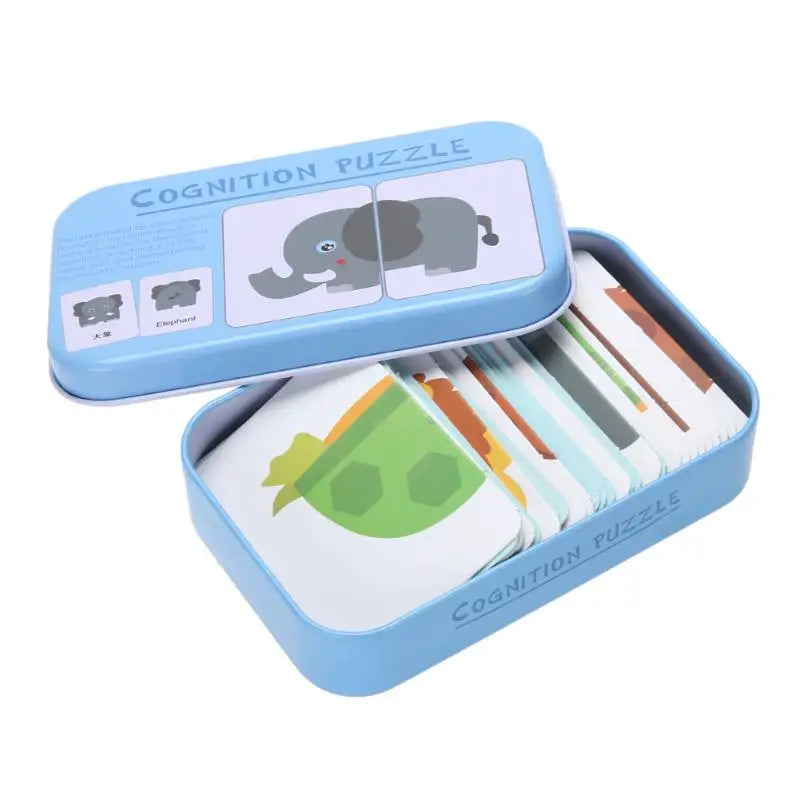 Baby Kids Cognition Puzzles Toys Toddler Iron Box Cards Matching Game Cognitive Cards Vehicl Fruit Animal Life Sets Pair Puzzles