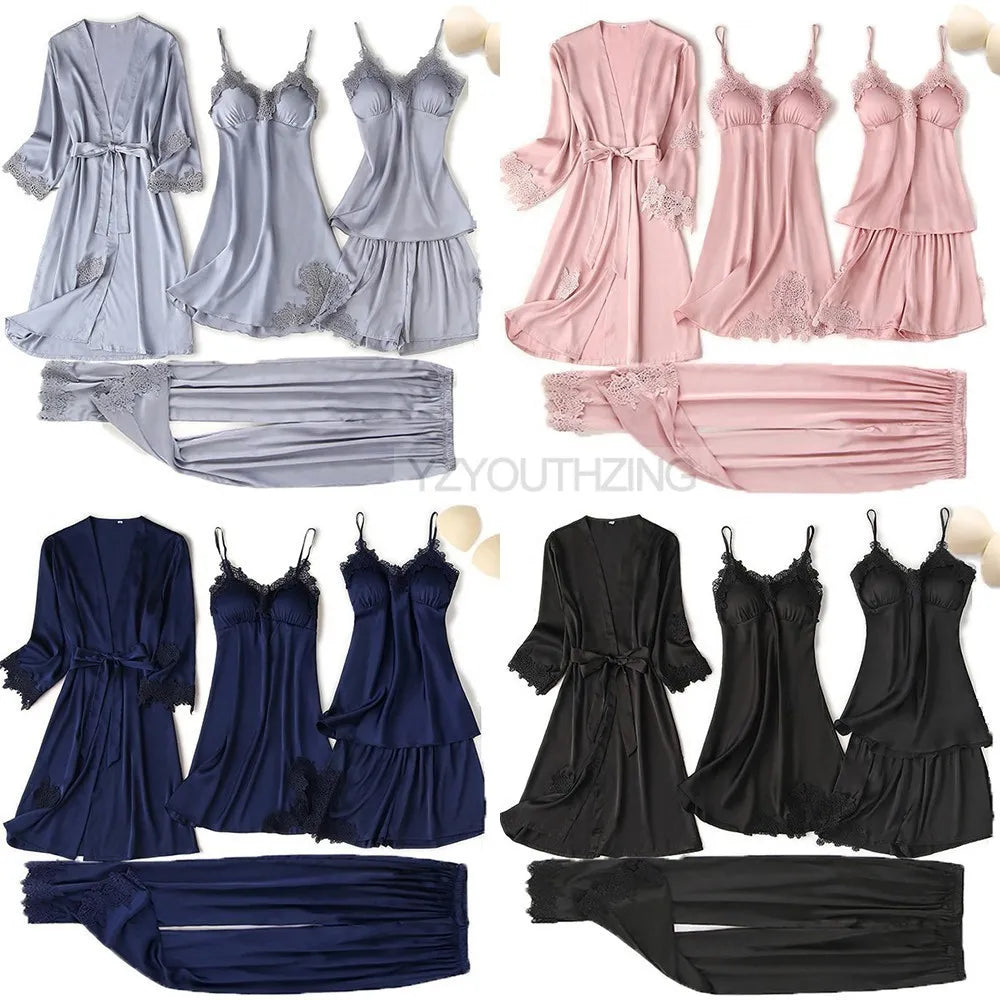 5PCS Robe Suit Satin Women Nightwear Lace Kimono Gown Bridal Wedding Bathrobe Set Sexy Pajamas V-Neck Sleepwear Lounge Lingerie