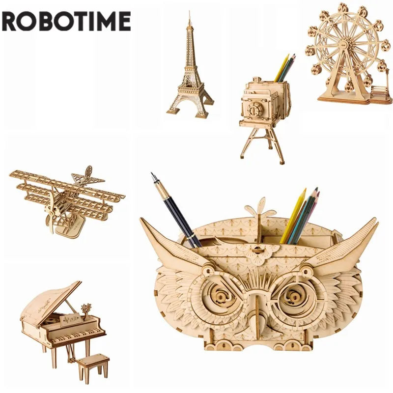 Robotime 7 Kinds DIY 3D Wooden Animal&Building Puzzle Game Assembly Toy Gift for Children Kids Adult Model Kits TG207