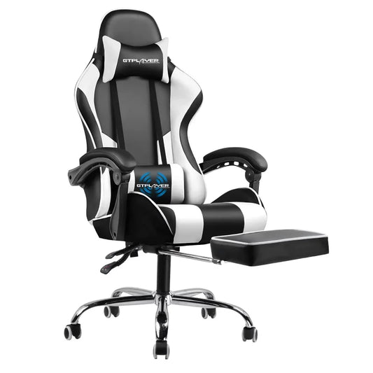 Gtplayer Gaming Chair with Footrest and Ergonomic Lumbar Massage Pillow, White