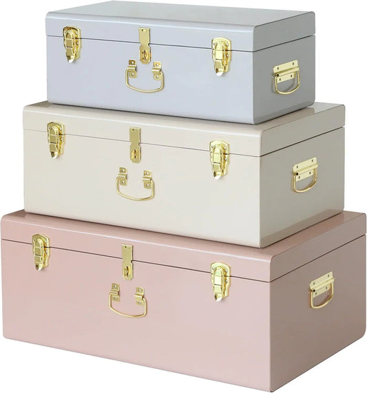 Decorative Box Set of 3 Metal Trunks Chest with Safety Lock Clasp for Treasure Organization and Home Dorm Decor,