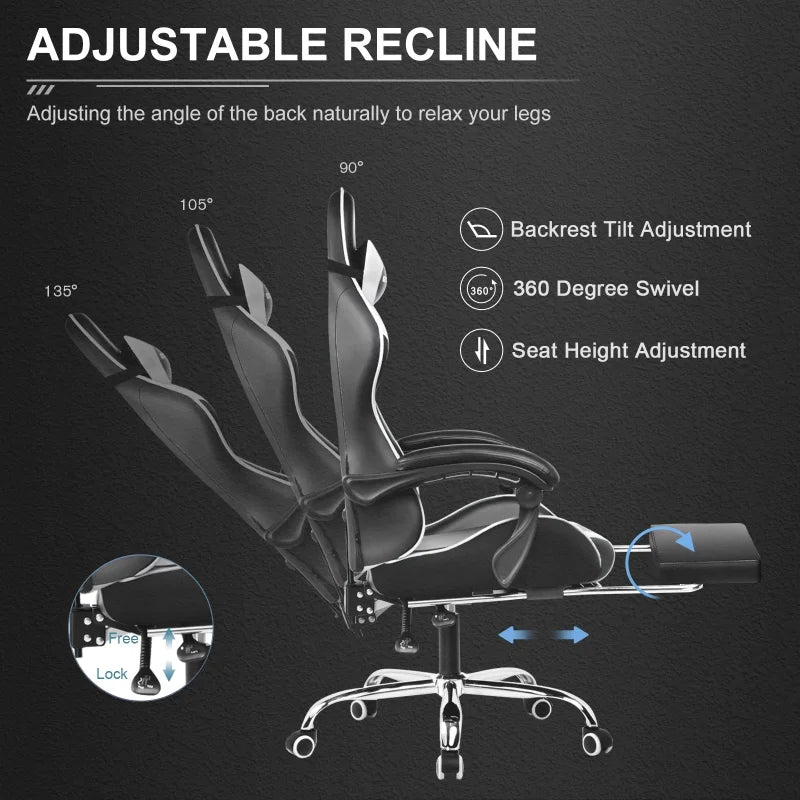 Gtplayer Gaming Chair with Footrest and Ergonomic Lumbar Massage Pillow, White