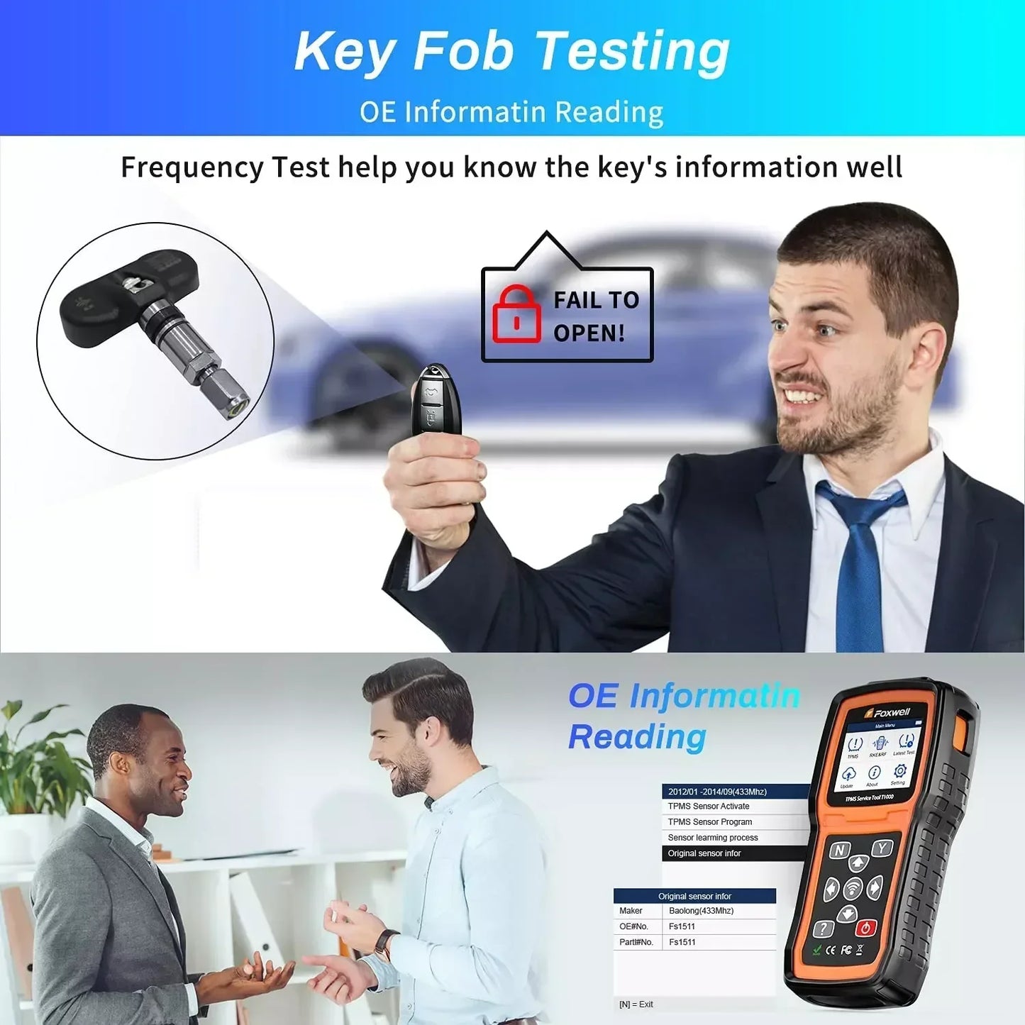 Foxwell T1000 TPMS Tool TPMS Sensors Programming Activate Check RF Key FOB Tire Pressure Monitoring System Auto Tester PK TS601