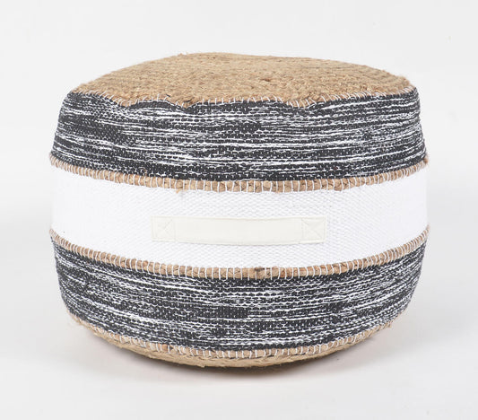 Hand-Braided Jute & Greyscale Cotton Pouf