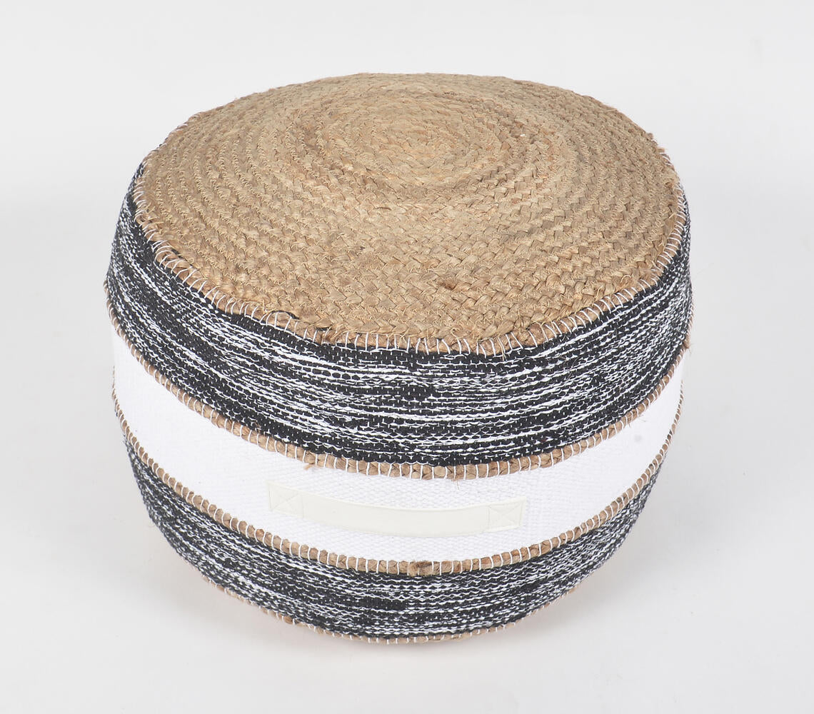 Hand-Braided Jute & Greyscale Cotton Pouf