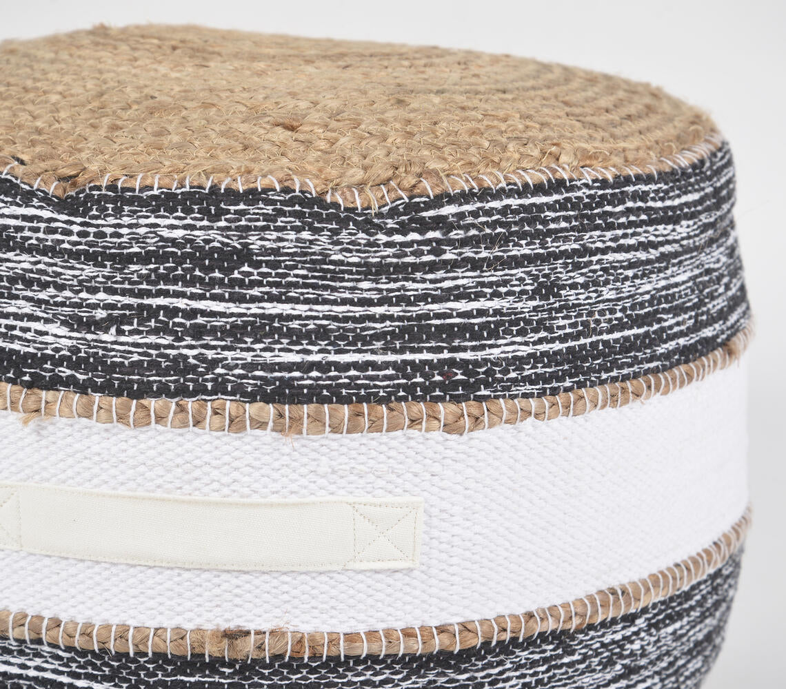 Hand-Braided Jute & Greyscale Cotton Pouf