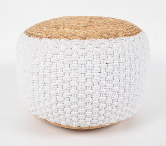 Hand Braided Jute & Daisy White Cotton Pouf