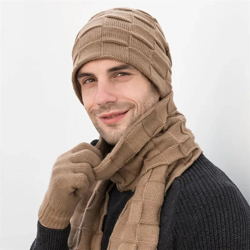 Men Knitted Long Scarf Hat Gloves 3 Piece