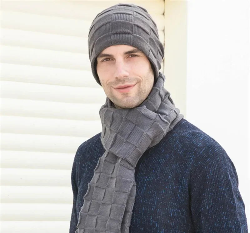 Men Knitted Long Scarf Hat Gloves 3 Piece