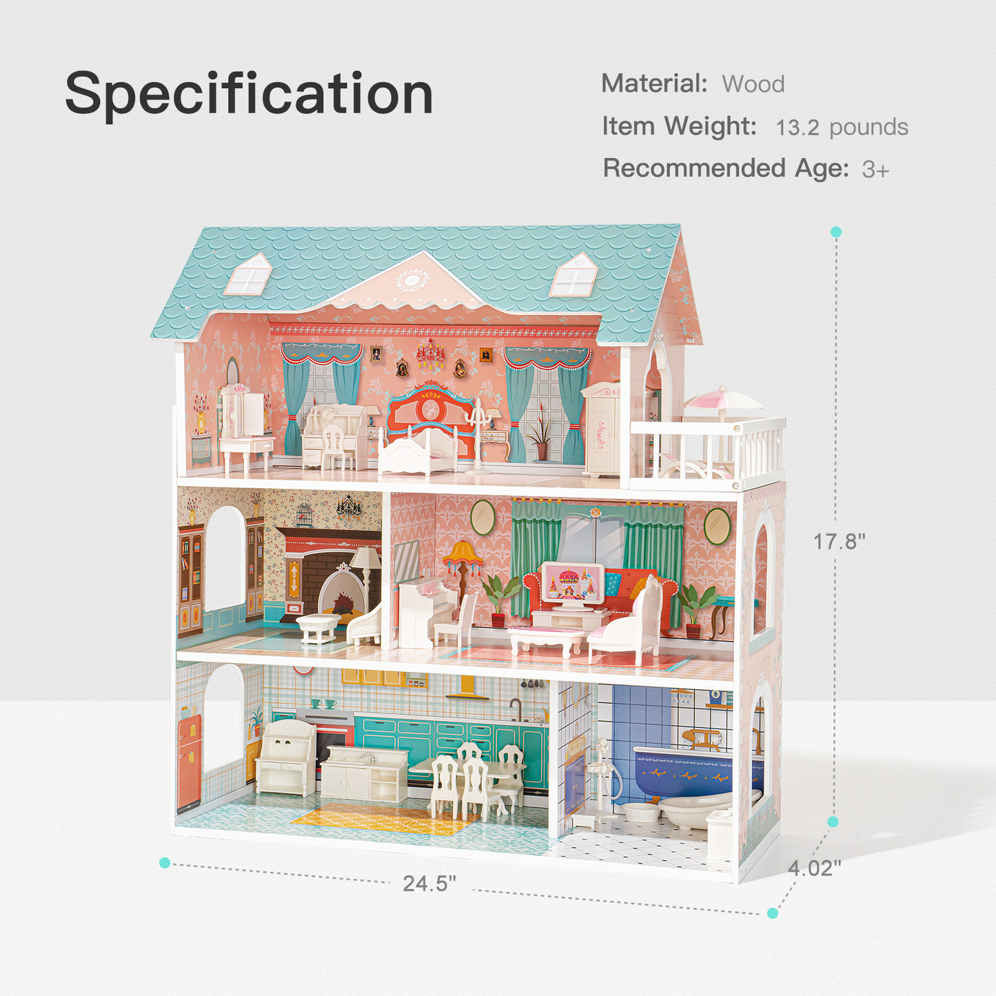 Big Wooden Dollhouse with Furniture Doll House Play Set