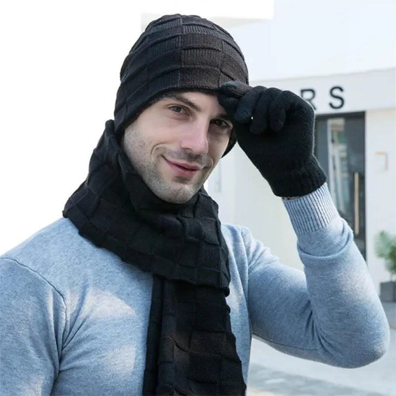 Men Knitted Long Scarf Hat Gloves 3 Piece