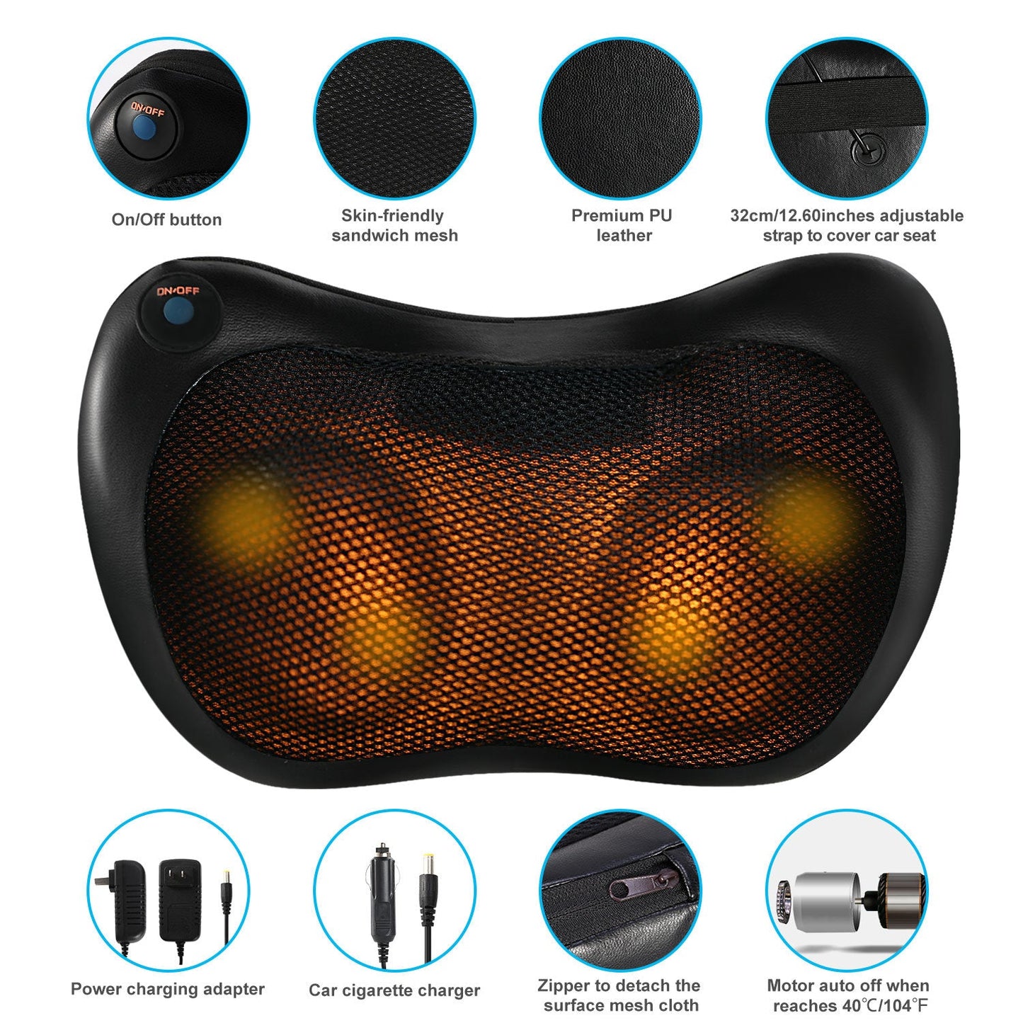 Back Neck Massage Pillow Kneading Massager In-Car Thermotherapy