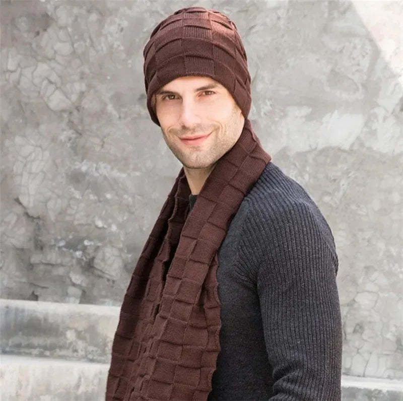 Men Knitted Long Scarf Hat Gloves 3 Piece