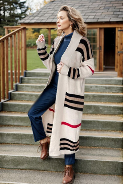 Striped Open Front Long Sleeve Longline Sweater Cardigan