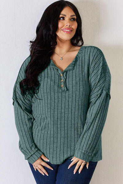 Basic Bae Full Size Ribbed Half Button Long Sleeve T-Shirt